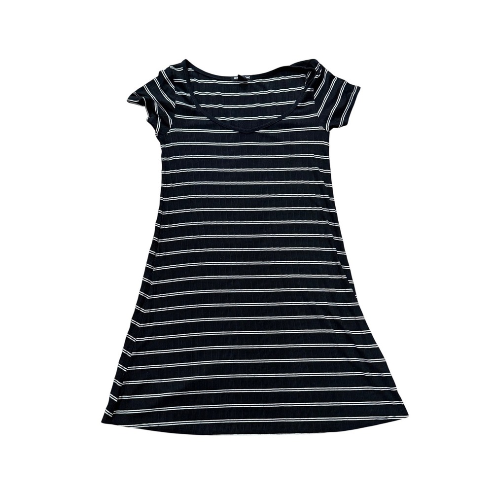 Billabong Womens Black White Striped Ribbed V-Neck Short Sleeve T-Shirt‎ Dress L